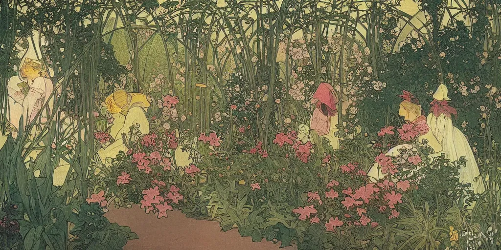 Image similar to a painting of a beautiful garden, isometric view, painted by alphonse mucha and hieronymus bosch and hasui kawase, dramatic lighting, vivid colours.