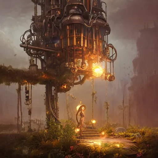 Prompt: a ultradetailed beautiful concept art of the core of a steampunk machine where vegetation have start to peacefully grow, dramatic lighting, dynamic lighting, cinematic lighting, concept art, high resolution 4 k, by tom bagshaw, greg rutkowski, charli bowater and artgeem