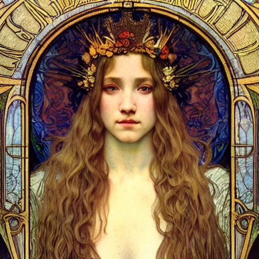 Image similar to detailed realistic beautiful young medieval queen face portrait by jean delville, alphonse mucha, vincent van gogh, and marco mazzoni, art nouveau, symbolist, visionary, gothic, pre - raphaelite