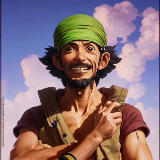 Prompt: highly detailed vfx portrait of usopp by eiichiro oda!, greg rutkowski, loish, rhads, beeple, makoto shinkai, tom bagshaw, alphonse mucha, sharp focus, art by artgerm and greg rutkowski, stanley kubrick, backlit, harsh overhead sunlight,