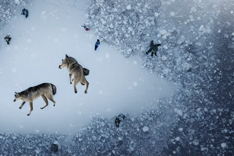 Image similar to taking from above, snow - covered beach, and lots of wolves there. high detail, photorealistic, good lighting, unbelievable.