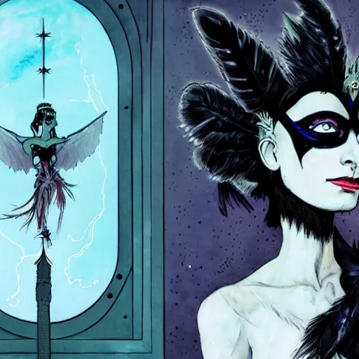 Image similar to Anna Pavlova as dark angel feathered gothic atompunk evil Disney villain queen with black feather hair, feathers growing out of skin, in front of space station window, Mike mignola, david mack, highly detailed, trending on artstation, comic book cover, illustration