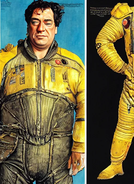 Image similar to full body and head portrait of javier bardem as baron vladimir harkonnen in dune 1982 wearing tattered stained a leather space suit, by norman rockwell and jason fabok and tom lovell and frank schoonover and dean cornwell