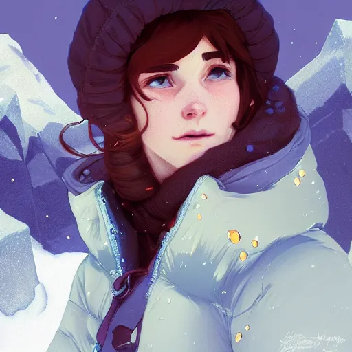 Image similar to portrait of madeline from celeste climbing a snowy mountain, bubble jacket, highly detailed, digital painting, artstation, concept art, sharp focus, illustration, art by greg rutkowski and alphonse mucha