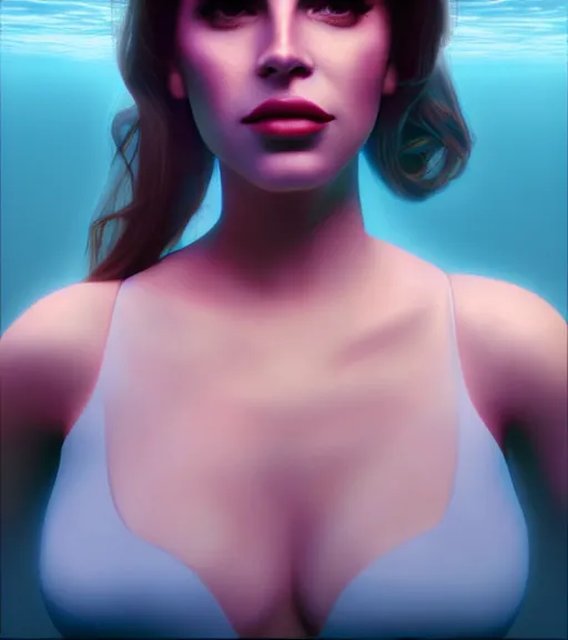 Image similar to underwater portrait of lana Del Rey as a cyborg, octane render, kingdom come by Alex Ross