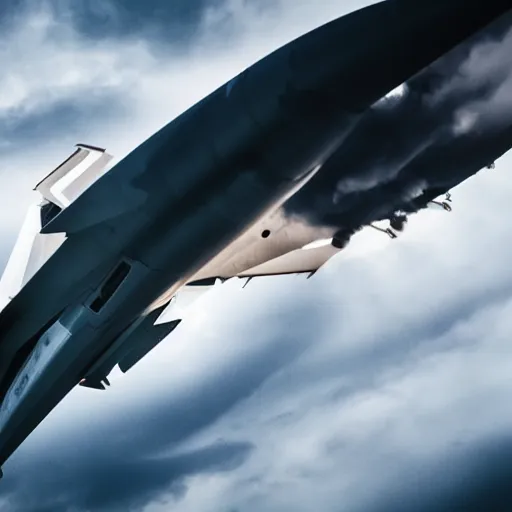 Prompt: stylish shot cinematic of a fighter jet flying through clouds