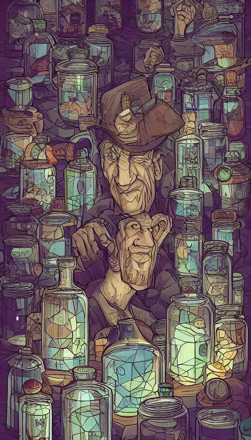 Image similar to BFG with his jars of dreams, futurism, da vinci, Dan Mumford, Josan Gonzalez