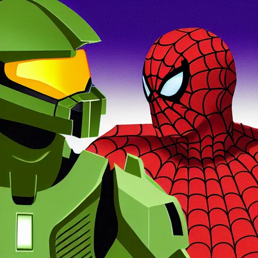 Image similar to Master Chief from Halo getting a pizza from Spiderman at an old apartment, digital art