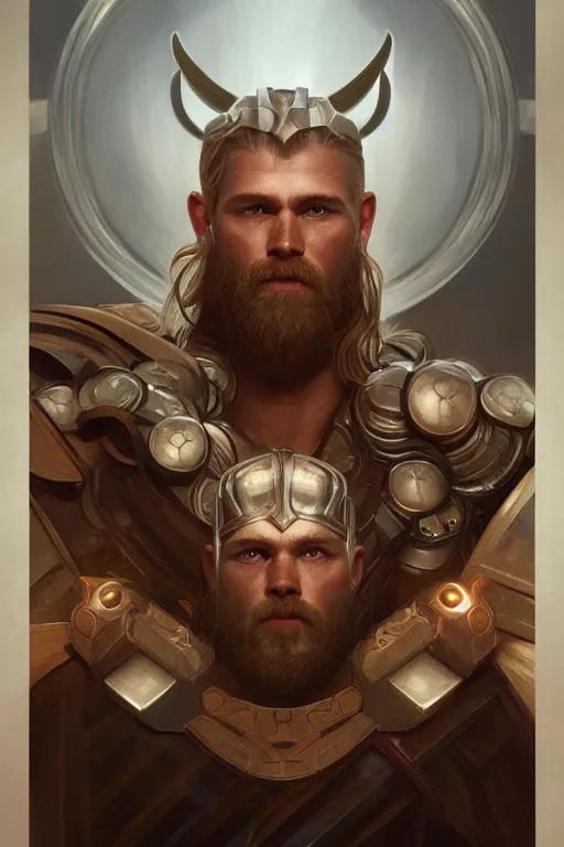 Image similar to symmetry!! portrait of thor in the style of god of war, machine parts embedded into face, intricate, elegant, highly detailed, digital painting, artstation, concept art, smooth, sharp focus, illustration, art by artgerm and greg rutkowski and alphonse mucha, 8 k