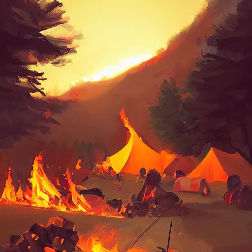 Prompt: a camp with tents on fire, burning down, shadows of girls watching the camp burn, painted by Sylvain Sarrailh