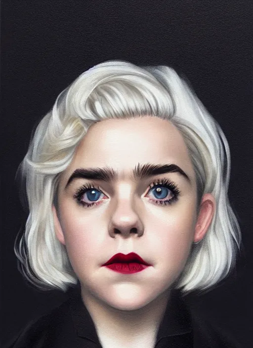 Image similar to full body portrait, kiernan shipka as sabrina spellman, white hair, obese, bangs, sultry, realistic, sultry smirk, fluffy bangs, curly bangs, fat, belly, intricate, elegant, highly detailed, digital painting, artstation, concept art, smooth, sharp focus, illustration, art by wlop, mars ravelo and greg rutkowski