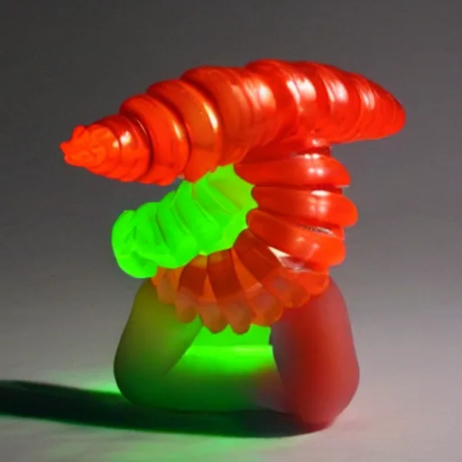 Prompt: a futuristic robot gummi worm. dramatic product lighting. it's a gummi with extra juiciness. but it's also a worm. ick.