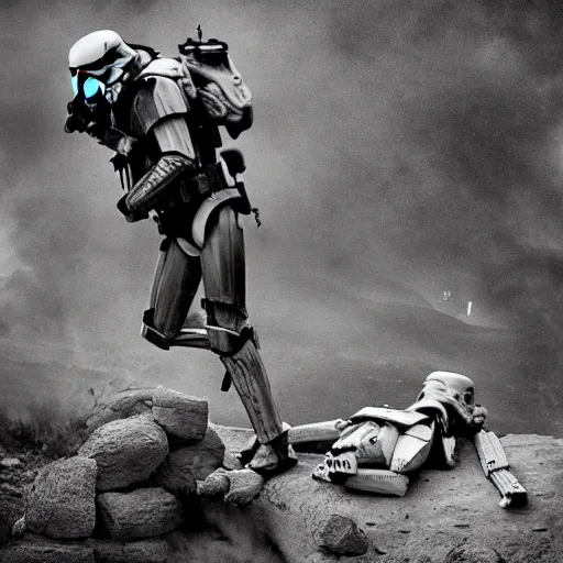 Image similar to war photography, the falling soldier, an imperial stormtrooper, zeroes on the moment of death frozen in time forever, groundbreaking, breathtaking, awardwinning, by robert capa, digital intricate art, hyperrealist, detailed, 8 k, 3 5 mm, canon, extreme long shot