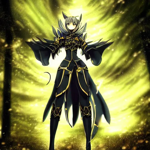 Image similar to full shot focus of beautiful darkness knight 3D anime girl, golden armor wearing, dark forest background, snowing, bokeh, inspired by Masami Kurumada, digital painting, high contrast, unreal engine render, volumetric lighting, high détail