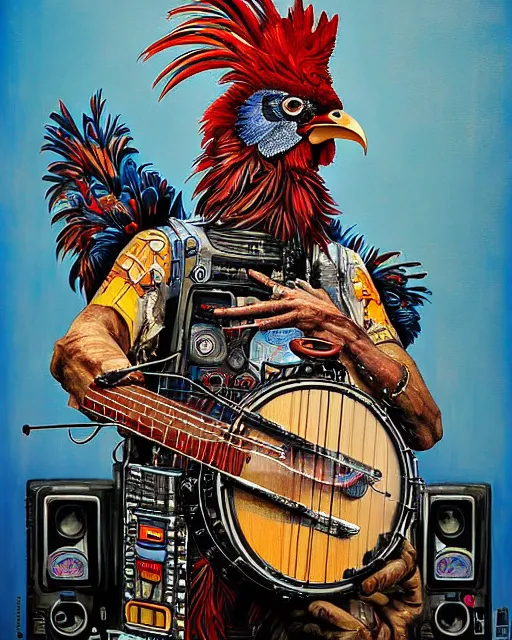 Image similar to a portrait of an anthropomorphic cyberpunk rooster picking on a banjo by sandra chevrier, by jon foster, detailed render, tape deck, epic composition, cybernetics, 4 k realistic, cryengine, realistic shaded lighting, sharp focus, masterpiece, by enki bilal