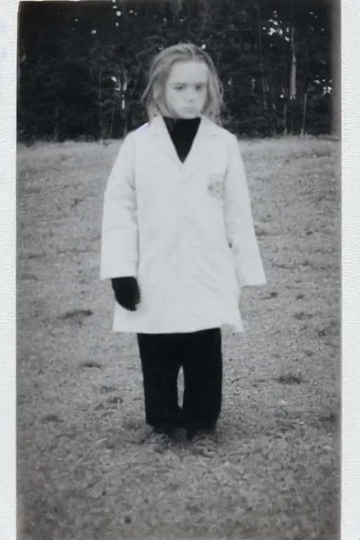 Prompt: photo polaroid of a sad and lonely child in a white coat stands in the middle many big tents of field hospitals, pandemic, covid,loneliness, black and white ,photorealistic, 35mm film,