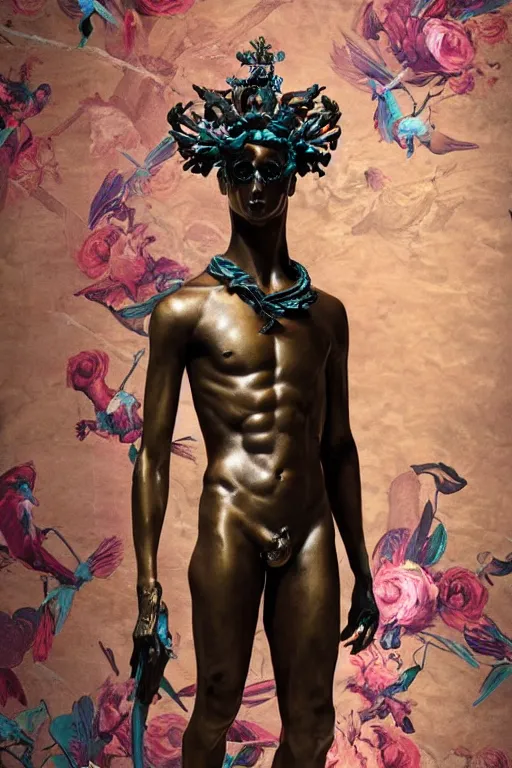 Image similar to a young handsome Spanish prince in a full-body bronze cyberpunk style statue of Icarus posed like a bird, crown of peach roses, flowing teal-colored silk, fabric, flowers. baroque elements, human skull. full-length view. baroque element. intricate artwork by caravaggio. many many birds birds on background. Trending on artstation, octane render, cinematic lighting from the right, hyper realism, octane render, 8k, depth of field, 3D