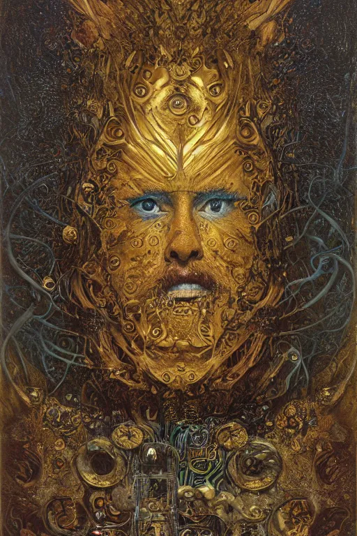 Image similar to The Helliquary by Karol Bak, Jean Deville, Gustav Klimt, and Vincent Van Gogh, lockbox, otherworldly, locks, vault, chains, fractal structures, arcane, inferno, inscribed runes, reliquary, infernal relics, ornate gilded medieval icon, third eye, spirals