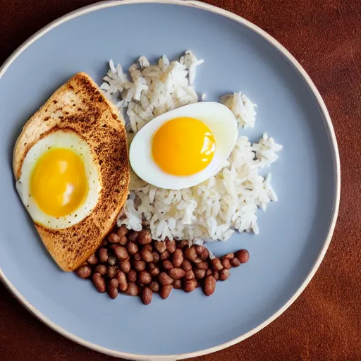 Image similar to A delicious plate of beans and rice, egg, garnish, food photography, michilin star