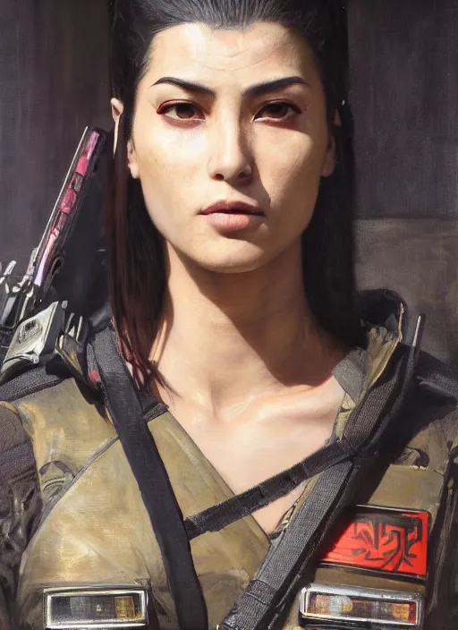 Image similar to Nikki. beautiful cyberpunk Samurai woman wearing a military vest and military jumpsuit (cyberpunk 2077, bladerunner 2049). gorgeous face. Iranian orientalist portrait by john william waterhouse and Edwin Longsden Long and Theodore Ralli and Nasreddine Dinet, oil on canvas. Cinematic, hyper realism, realistic proportions, dramatic lighting, high detail 4k