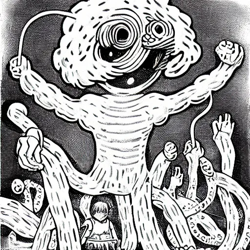 Image similar to the sphagetti monster in the style of 1 9 6 0 s, atheism god