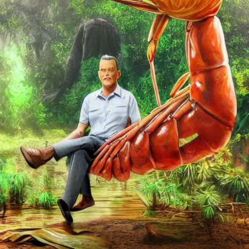 Image similar to Tom Hanks as forrest gump sitting on a giant shrimp in the jungle, realistic digital painting, in the style of Vitaly Samarin Alexiu, photoreailstic, realistic face, amazing detail, sharp