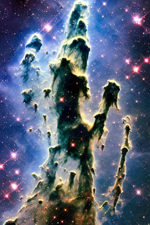 Image similar to Pillars of Creation. elephant trunks of interstellar gas and dust in the Eagle Nebula in the Serpens constellation. HR Giger, oil on canvas. Hubble Space Telescope. Stars. NASA. Milky Way Galaxy. detailed. high resolution.