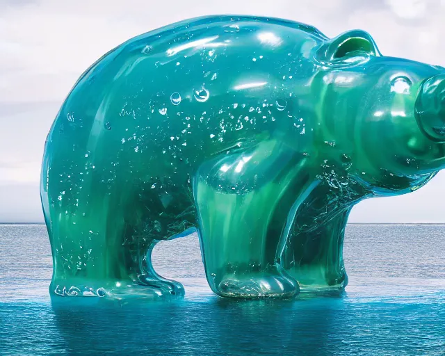 Image similar to a giant sculpture of a giant gummy bear on the ocean water, award winning, hyper - realistic, very detailed, realistic water, water splashes, ray tracing, 8 k resolution, long - shot, sharp focus, low angle, 8 5 mm photograph, wide lens