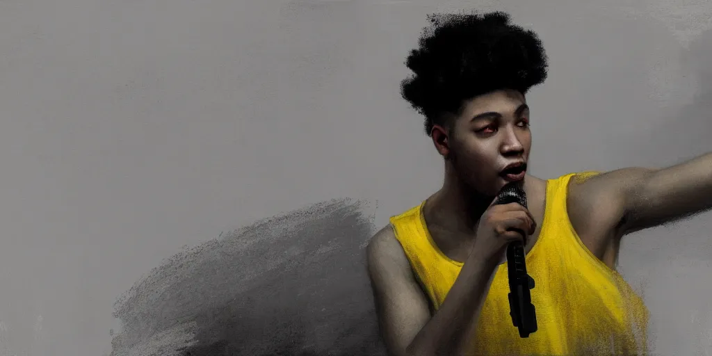 Image similar to painting of a cinematic still of a young light - skin black rapper singing, wearing a white tank top, extremely detailed digital painting, in the style of fenghua zhong and ruan jia and jeremy lipking and peter mohrbacher, predominant colors are black and yellow, rim light, beautiful lighting, 8 k, raytracing, octane, trending on artstation