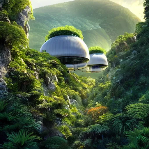 Image similar to vertical farms and white sci - fi dome in a steep sided valley with trees, a sense of hope and optimism, hyper realistic, high res, 4 k, warm light, edouard groult, bynde, kirill leonov