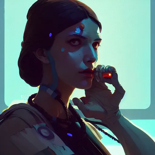 Prompt: portrait of cyberpunk greek goddess by atey ghailan, by greg rutkowski, by simon stalenhag, by greg tocchini, by james gilleard, by joe fenton, by kaethe butcher dynamic lighting, gradient light blue, brown, blonde cream and white color scheme, grunge aesthetic