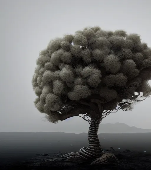 Image similar to surreal minimal white ancient futuristic anaconda tree in the desert, foggy sky, dark night, octane render, unreal engine, pale colors, high detail, 8 k, wide angle, trending on artstation, behance