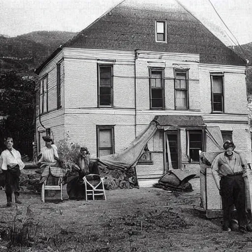 Prompt: nice comfy house old photograph with a lot of workers