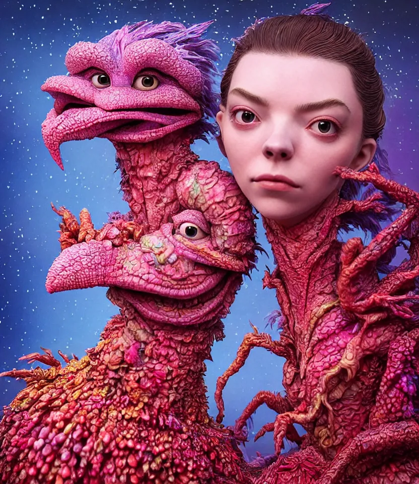 Image similar to hyper detailed 3d render like a Oil painting - kawaii portrait of two Aurora (a beautiful skeksis muppet fae princess protective playful expressive acrobatic from dark crystal that looks like Anya Taylor-Joy) seen red carpet photoshoot in UVIVF posing in scaly dress to Eat of the Strangling network of yellowcake aerochrome and milky Fruit and His delicate Hands hold of gossamer polyp blossoms bring iridescent fungal flowers whose spores black the foolish stars by Jacek Yerka, Ilya Kuvshinov, Mariusz Lewandowski, Houdini algorithmic generative render, golen ratio, Abstract brush strokes, Masterpiece, Edward Hopper and James Gilleard, Zdzislaw Beksinski, Mark Ryden, Wolfgang Lettl, hints of Yayoi Kasuma and Dr. Seuss, octane render, 8k