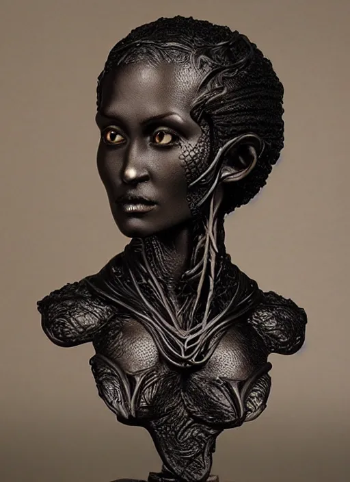 Image similar to a bust sculpture of anatomical detailed fantasy elvish character, very dark black skin, very beautiful, high forehead, high cheekbones, stylized, ceramic base, orthographic, studio lighting