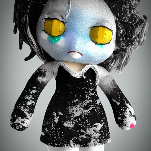 Image similar to cute fumo plush of a girl who is made of ink, inkstains and black splotches, pointillism, particle simulation, monster girl, lens flare, vray