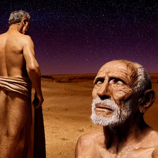 Image similar to film still of 80 year old stunned Mediterranean skinned man in ancient Canaanite looking up at the nightime sky, star filled background, Biblical epic movie