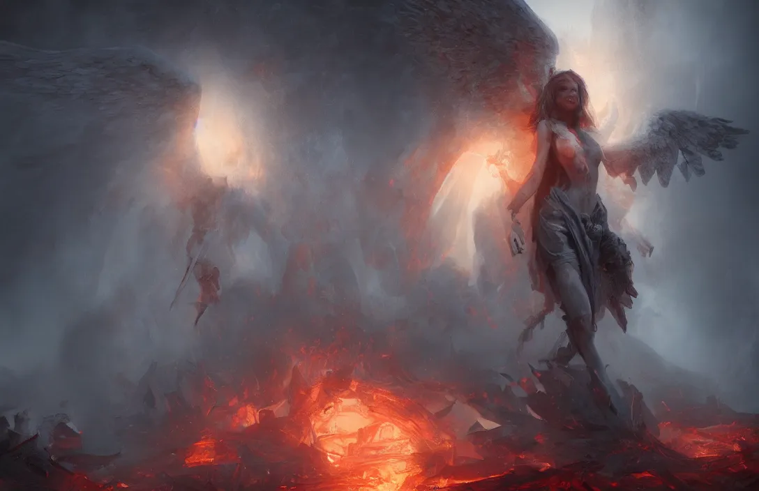 Prompt: an angel in hell, digital painting, concept art, smooth, sharp focus, hyperrealistic, illustration, artstation trending, octane render, unreal engine, ambient light, dynamic lighting, magical, dark fantasy