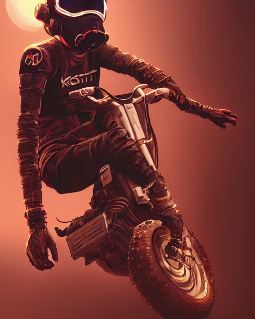 Image similar to koyto animation girl wearing cyberpunk intricate streetwear riding dirt bike, respirator, detailed portrait, cell shaded, 4 k, concept art, by wlop, ilya kuvshinov, artgerm, krenz cushart, greg rutkowski, pixiv. cinematic dramatic atmosphere, sharp focus, volumetric lighting, cinematic lighting, studio quality