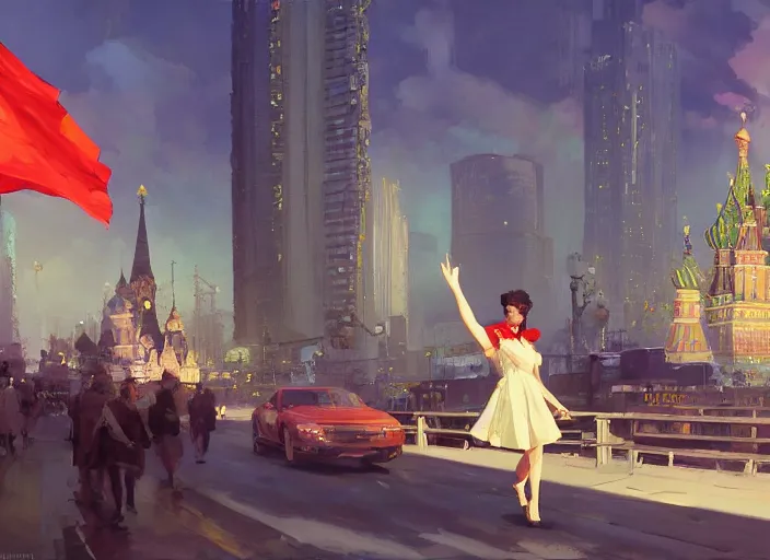Image similar to gorgeous inspiring girl enthusiastically waving a red flag over her head to inspire people in a Mandelbrot fractal bustling Moscow City by Craig Mullins, ilya kuvshinov, krenz cushart, artgerm trending on artstation by Edward Hopper and Dan Mumford and WLOP and Rutkovsky, Unreal Engine 5, Lumen, Nanite