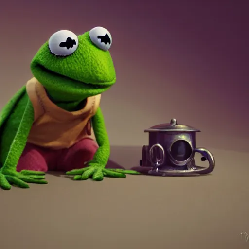 Image similar to kermit the frog cute, illustration, digital art, inspired by little big planet, by greg rutkowski, sharp, masterpiece, highly detailed, photorealistic, octane render, 8 k, unreal engine 5, trending on artstation, vivid colors