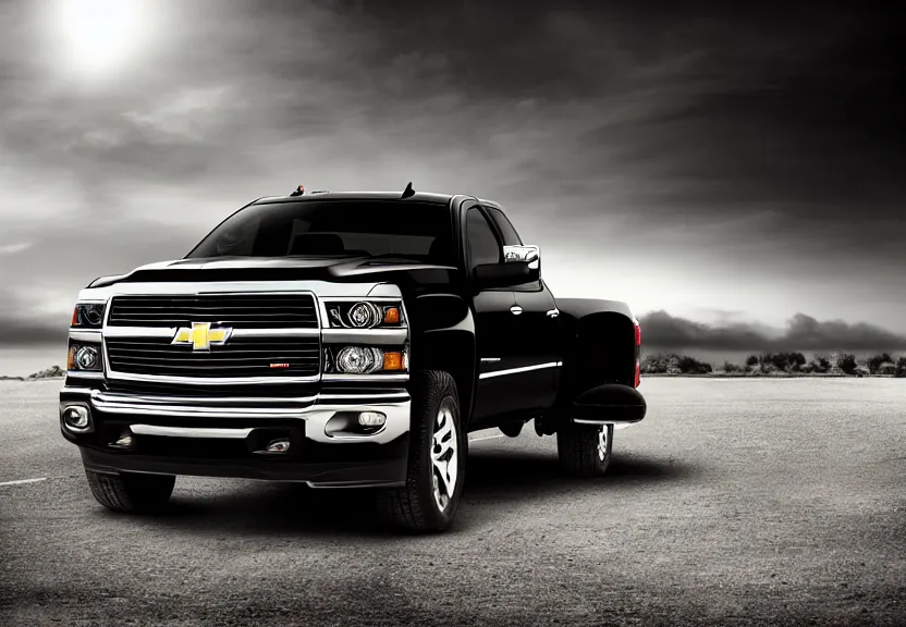 Image similar to chevy truck advertisement car photography dramatic black background