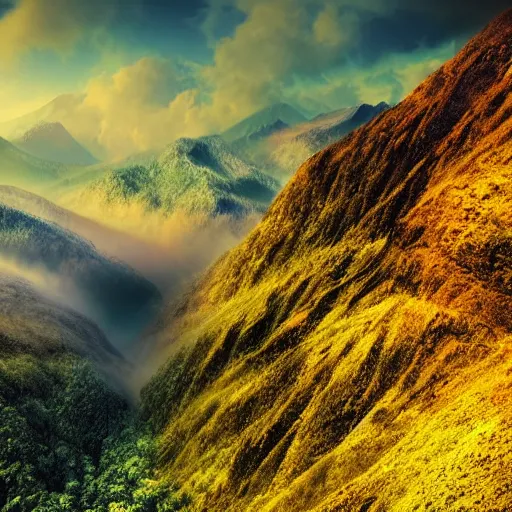 Image similar to magical landscape, mountains, misty, blue, yellow sky, digital art