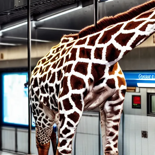 Prompt: giraffe mixed with human hybrid creature, in new york subway station, 4 k hdr 1 0 0 mp camera