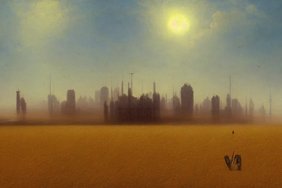 Image similar to sci-fi painting of a large alien city on the vast wheat fields, the closed back view of only one humanoid robot on the ground, by Ivan Aivazovsky, godrays, detailed