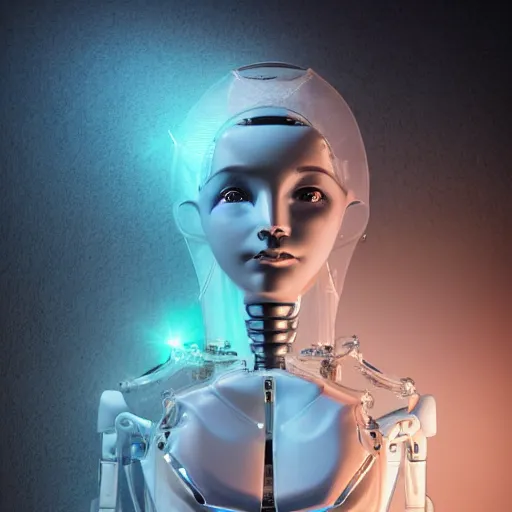 Image similar to beautiful centered Fine art photo of young woman humanoid robot, half body in water, solarpunk mechanical parts with led lights, real human face, photorealistic, white background, highly detailed and intricate, sunset lighting, HDR 8k