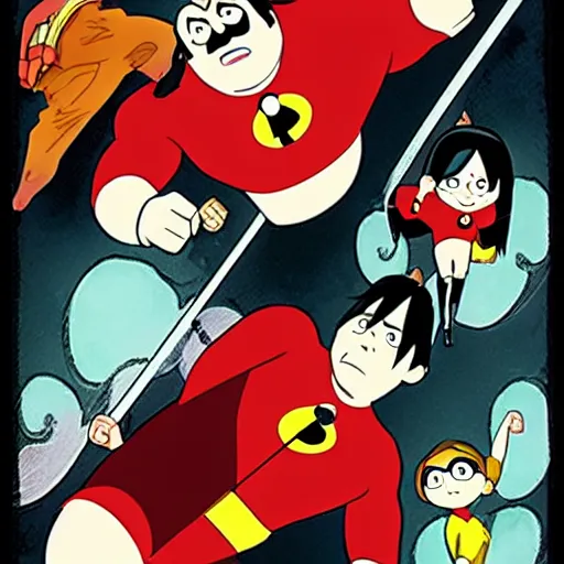 Image similar to The Incredibles in the style of Studio Ghibli Hayao Miyazaki