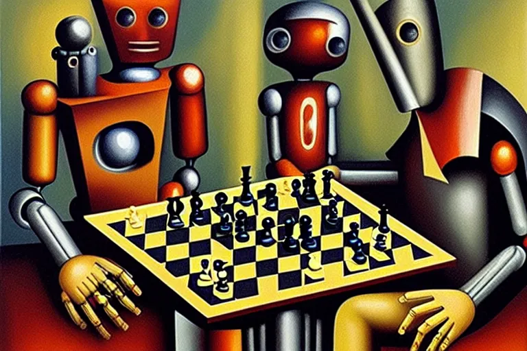 Image similar to portrait of two robots playing chess, highly detailed, painting by otto dix, 8 k