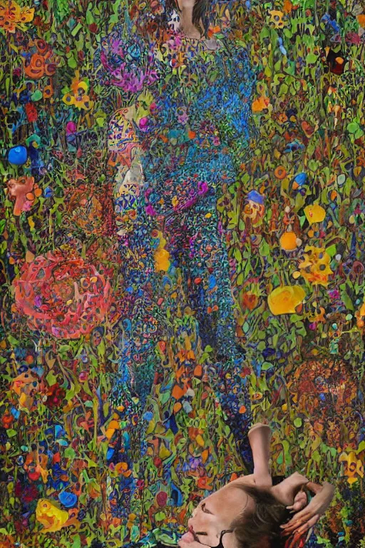 Image similar to hyperrealism with oil painting, 2 0 y. o girl in in the style dustin yellin, of yoshitaka amano, style wrapped in flowers and wired in the style of yayoi kusama, by barry lyndon ultra detailed high resolution, 8 0 s print sci fi art