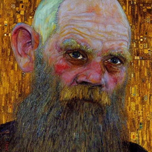 Image similar to detailing character concept portrait of old man by Gustav Klimt, on simple background, oil painting, middle close up composition